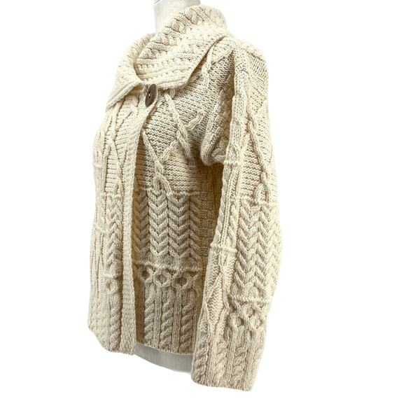 Clan Aran Women's S Cream Merino Wool Patchwork Knit Cardigan Collar Button - Picture 4 of 11